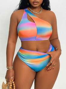 SHEIN Swim Curve Plus Size Women 2pcs/Set Colorful Tie Dye Print One Shoulder Hollow Top Paired With Matching Ruched Print Sexy Summer Beach Swimwear Set