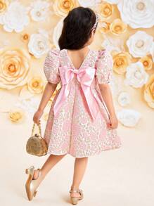 SHEIN Young Girl Jacquard Puff Sleeve Bow Knot Front Dress - Pink - View 1