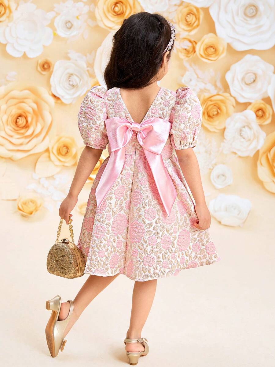 SHEIN Young Girl Jacquard Puff Sleeve Bow Knot Front Dress - Pink - View 1