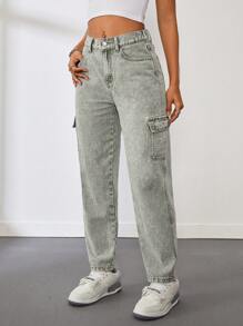 SHEIN Tall Women's Casual Fitted Tapered Cargo Jeans - Army Green - View 1