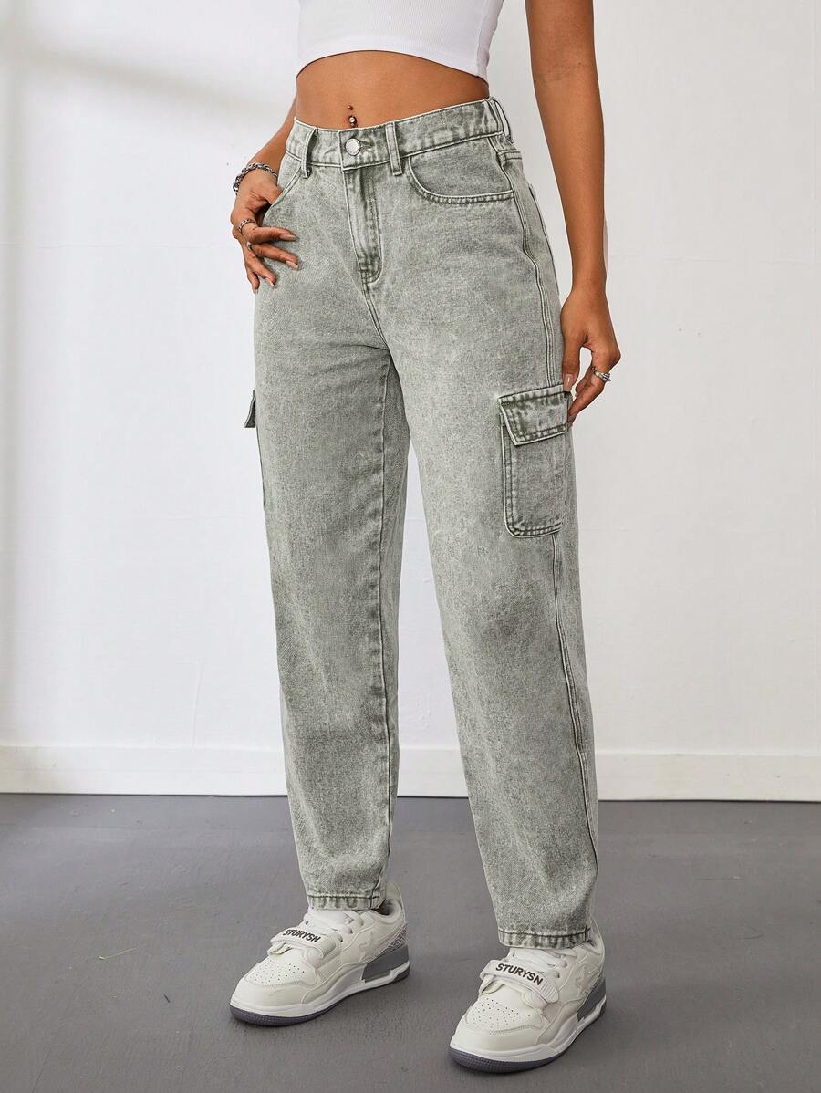 SHEIN Tall Women's Casual Fitted Tapered Cargo Jeans - Army Green - View 1