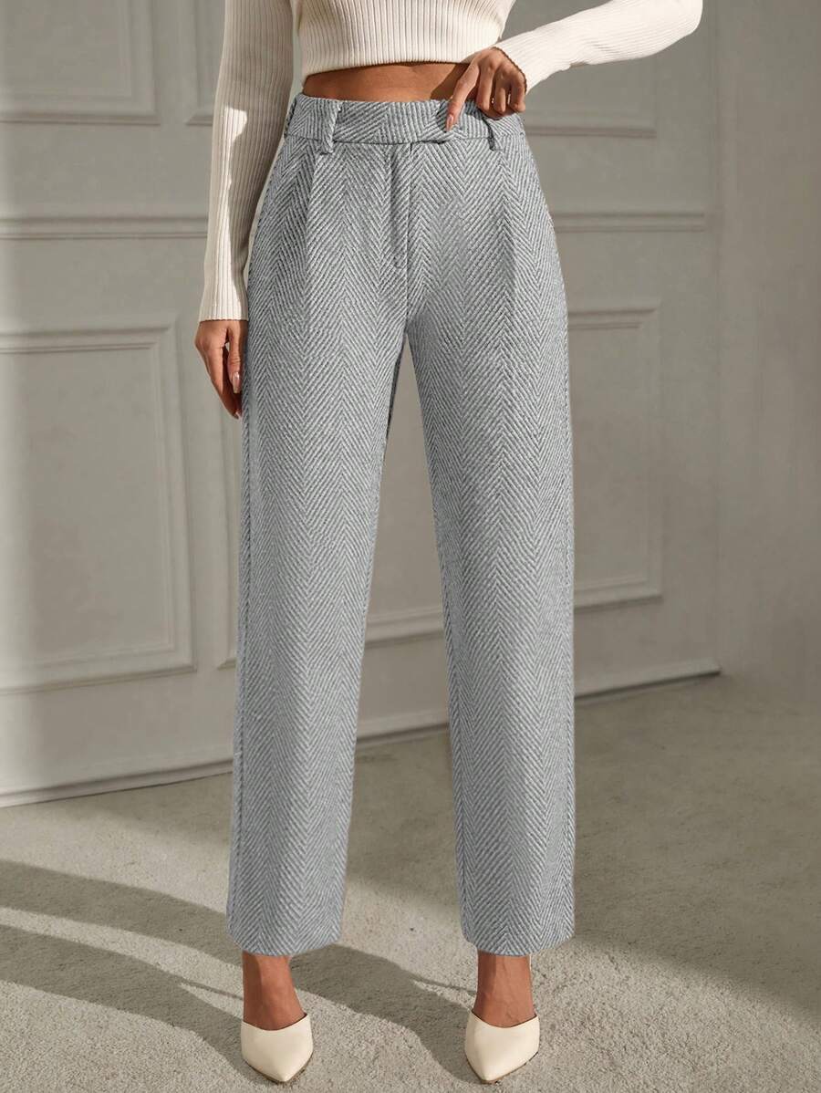 EURMUSE Women's Pleated Herringbone Straight Leg Loose Casual Pants For Work - Light Grey - View 1