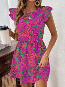 Breezaya Vestido con estampado floral y volantes, conjunto para vacaciones y playa para mujeres - Morado - Ver 3