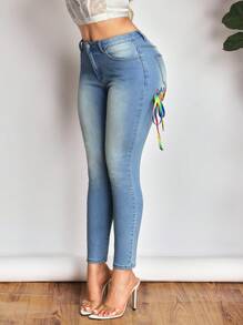 SHEIN SXY Women's Low Rise Slim Fit Stretchy Denim Jeans, Sexy Skinny Leg, Colorful Strap Belt, Summer - Blue - View 5
