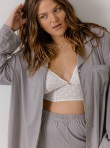 Aralina Curve Soft Jersey Relaxed-Fit Button Up Shirt And Wide-Leg Pants Lounge Set With Scrunchie