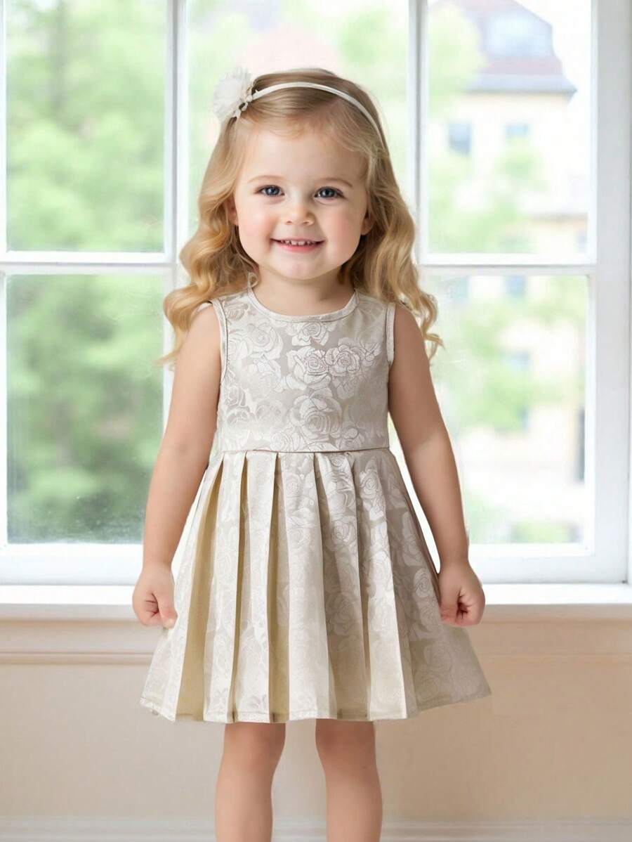 Glamorique Kids Baby Girl Elegant Sleeveless High-Low Jacquard Pleated Dress, Suitable For Party, Outing, Summer - Apricot - View 1