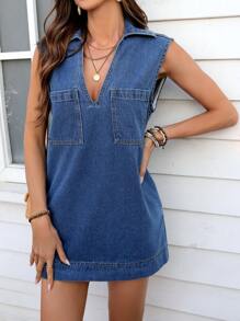 EMERY ROSE 女式有领口袋休闲无袖牛仔连衣裙 - 深色水洗藍 - 查看 5