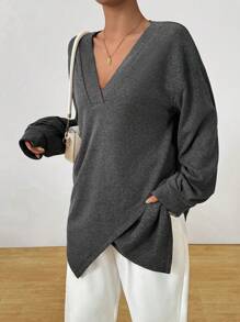 Chiquease 女式不对称下摆宽松 V 领衬衫