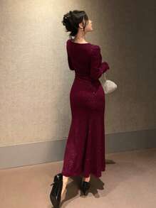 DAZY Round Neck Sequin Fishtail Mid-Length Burgundy Party Dress For Women, Suitable For Dates & Occasions,Fall Clothes Long Sleeve Dress Luxury Prom Dress Sparkly Dress - Burgundy - View 2