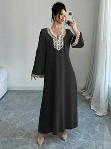 Al Najma Đầm Ả Rập đơn giản, tay dài màu khối cho nữ, Kaftan khiêm tốn - màu đen - Xem 3