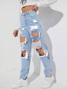 SHEIN EZwear Y2K Cut Out Ripped Frayed Carrot Black Jeans - Light Wash - View 5