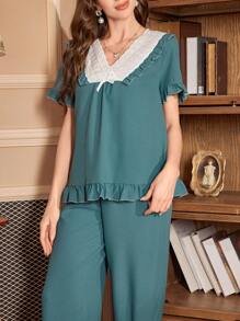 Pigiama donna con top a maniche corte scollo a V con volant e pantalone lungo, in colori a contrasto - Menta Verde - Visualizzare 4