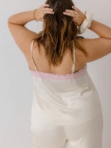 Aralina Plus Size Curve Satin Lace Trim Valentines Shirred Front Silky Cami With Scrunchie For Summer