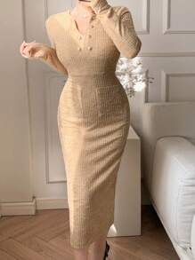 DAZY Plaid V-Neck Fitted Waist Mid-Length Dress For Women,Fall Dress Long Sleeve Dress - Coral Orange - View 3