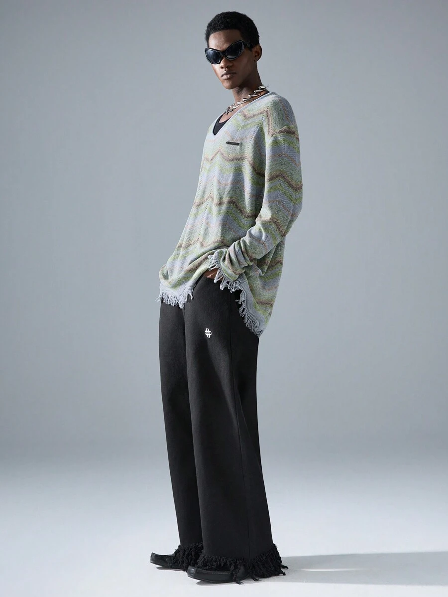 NEON BLANC 男式宽松编织长款黑色牛仔裤，带弧形口袋 - 黑色 - 查看 1