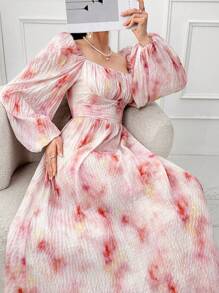 Modelyn Vestido casual de mujer con cuello cuadrado, manga larga, plisado y estampado floral