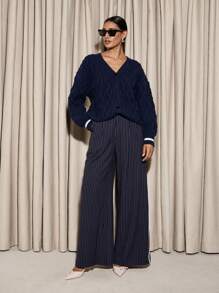 AiiRZ Luxury Cable Knit Button-Front Cardigan With Varsity Stripe Cuffs V-Neck Designer Knitwear Chunky Winter Sweater Cozy Holiday Fashion - Navy Blue - View 3