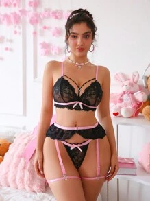 PetitDoll Set de lencería sexy de 5 piezas para mujer sin aros de encaje