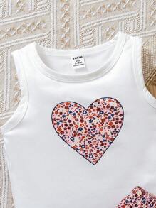 SHEIN Vintaside Kids Set de 2 piezas para bebé niña con parte superior sin mangas con diseño de flores y forma de amor, y shorts, para verano