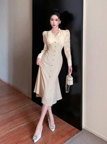 DAZY 女士蕾丝拼布 V 领泡泡袖鱼尾中长连衣裙、荷叶边、秋季连衣裙长袖连衣裙 - 米色 - 查看 5