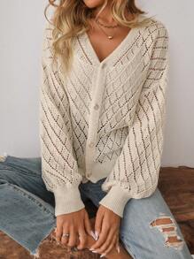 SHEIN LUNE 休闲纯色镂空心形纽扣女式针织开衫