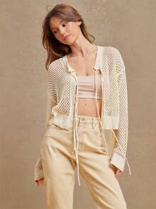 WESTFADE 春夏季镂空针织圆领蝴蝶结正面宽松短款长袖开衫毛衣西部风女装 - 米色 - 查看 3