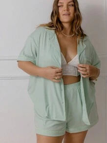 Aralina Curve Soft Jersey Button Front Shirt And Matching Shorts Lounge Set With Scrunchie - Mint Green - View 5
