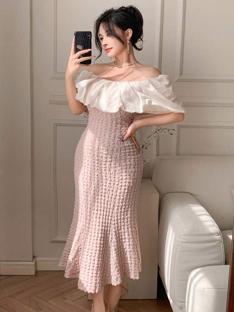 Color Blocking Off Shoulder Fitted Mermaid Hem Midi Dress For Women Elegant,Ruffle Cocktail Dress