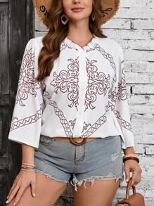 SHEIN VCAY Plus Size White Holiday Autumn Boho Vacation Blouse,Country Retro Print Frill Trim 3/4 Sleeve Button-Up Western Wear,Women's Festival Hippie Cowgirl - White - View 5