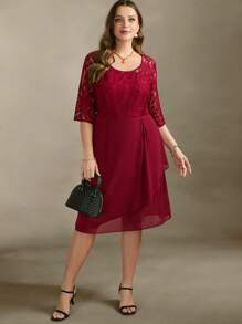 SHEIN Clasi Vestido rojo de talla grande elegante con parches de encaje, gasa con pliegues en la cintura y ajuste al Body, ideal para el Día de San Valentín y la primavera