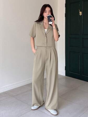 DAZY Set de 2 piezas de traje de blazer corto y pantalón de pierna ancha de unicolor para mujer, atuendo de negocios para maestros