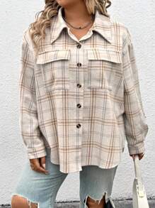 SHEIN CURVE+ 大码女式加厚休闲学院风格子工装口袋衬衫，秋冬款 - 彩色 - 查看 6