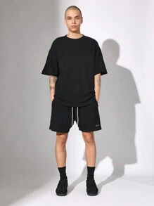 基本款纹理运动套装 超大 T 恤和短裤两件套训练健身家居服街头运动套装夏季春季休闲运动服 - 黑色 - 查看 1