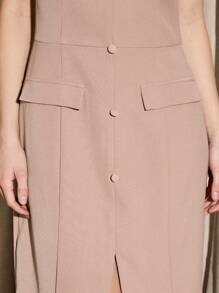 AiiRZ Elegant Button-Front Column Midi Dress With Pockets Professional Office Party Wedding Guest Business Sleeveless Split Front Fall Winter Spring - Khaki - View 6