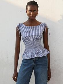 Aveloria Modichic 复古学院风蓝色格子蝴蝶结腰部收褶设计性感女式吊带背心衬衫 - 彩色 - 查看 5