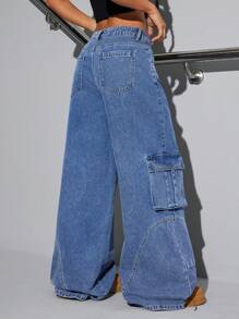 SHEIN ICON Quần Jeans Denim Ống Thẳng Cạp Thấp Thường Ngày Cho Nữ - Rửa tối - Xem 2