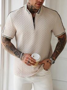 Manfinity Homme Men's Striped And Graphic Print Half Zip Casual Short Sleeve Polo Shirt - Apricot - View 4