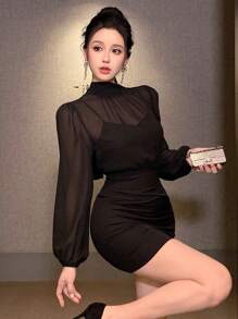 DAZY Women Mesh Patchwork Long Sleeve Stand Collar Minimalist Mid-Length Dress,Fall Dress - Black - View 6