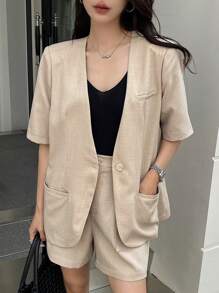 DAZY Conjunto de top blazer de lino de albaricoque de manga corta y pantalones cortos para mujer, traje informal de verano ligero de manga corta mitad sólido, conjunto de dos piezas para mujer - Caqui - Ver 3