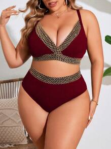 SHEIN Swim Curve 2pcs Plus Size Women Spaghetti Strap Contrast Tape Decor Separate Style Casual Resort Swimwear Bikini Set, For Summer Beach Vacation - Burgundy - View 1