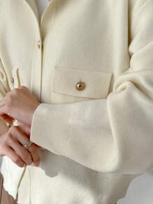 FRIFUL 女士纯色前扣长袖口袋休闲上衣，日常穿着 - 白色 - 查看 8