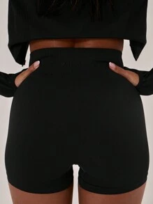 Musera Sport Ribbed High Waist Seamless Fitted Active-Wear Shorts ,Padel, Tennis, Pickleball Gym Fitness Yoga Pilates Daily Casual - Black - View 5