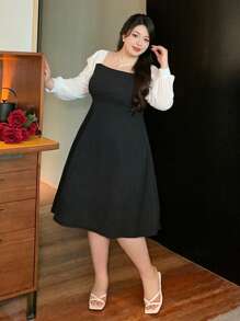 Dazy Plus Robe mi-mollet près du corps à manches évasées, col carré et blocs de couleurs, robe à manches longues pour le printemps/automne en grande taille