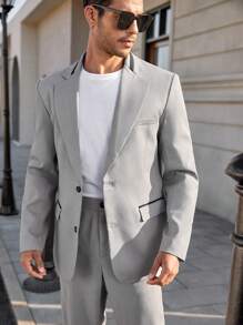 Manfinity RelaxMax 男士前扣开合长袖上衣和长裤正装西装套装 - 灰色 - 查看 6