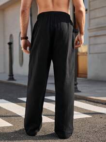 Manfinity Homme Men's Solid Color Front Tie Pocket Casual Long Pants, Simple Style For Daily Wear - Black - View 2