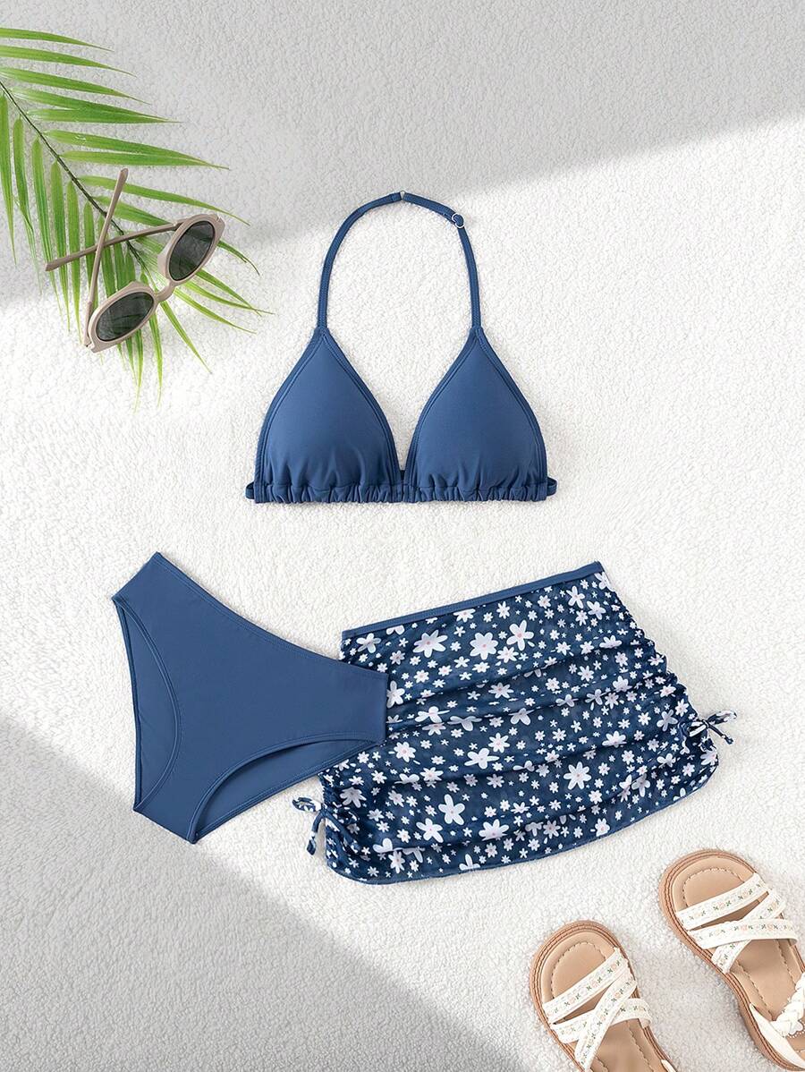 SHEIN Conjunto de 3 piezas de bikini azul marino para adolescentes con falda de malla, traje de baño de verano con estampado floral ditsy para playa y vacaciones - Azul Marino - Ver 1