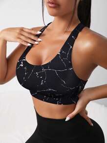 SHEIN Sport Studio Sujetador deportivo con estampado de mármol con abertura trasera