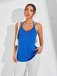 Easithlete 女式纯色日常健身瑜伽运动吊带背心 - 藍色 - 查看 4