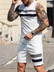 Manfinity Homme 男士休閒夏季兩件式短套裝，白色條紋拼接背心與短褲套裝，INS風格度假海灘穿搭，適合男朋友或丈夫，假日穿著 - 彩色 - 查看 6