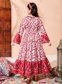 Tween Girls Loose Flare Sleeve Dress For Vacation - Multicolor - View 2